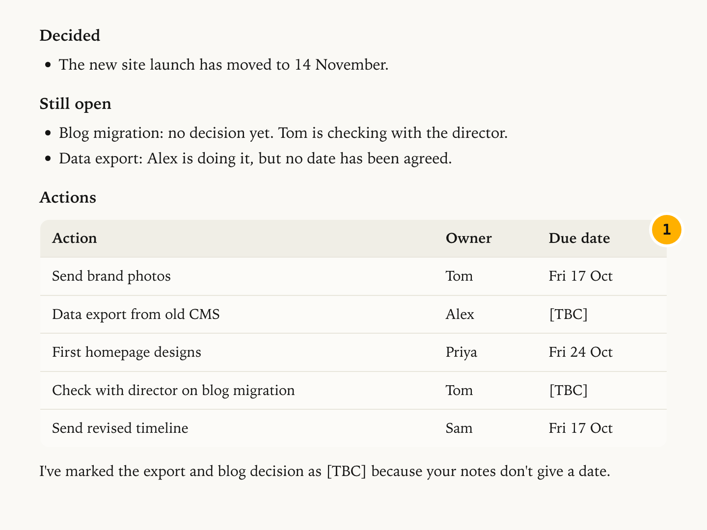 Claude's answer listing what was decided and still open, then an actions table with owner and due date columns