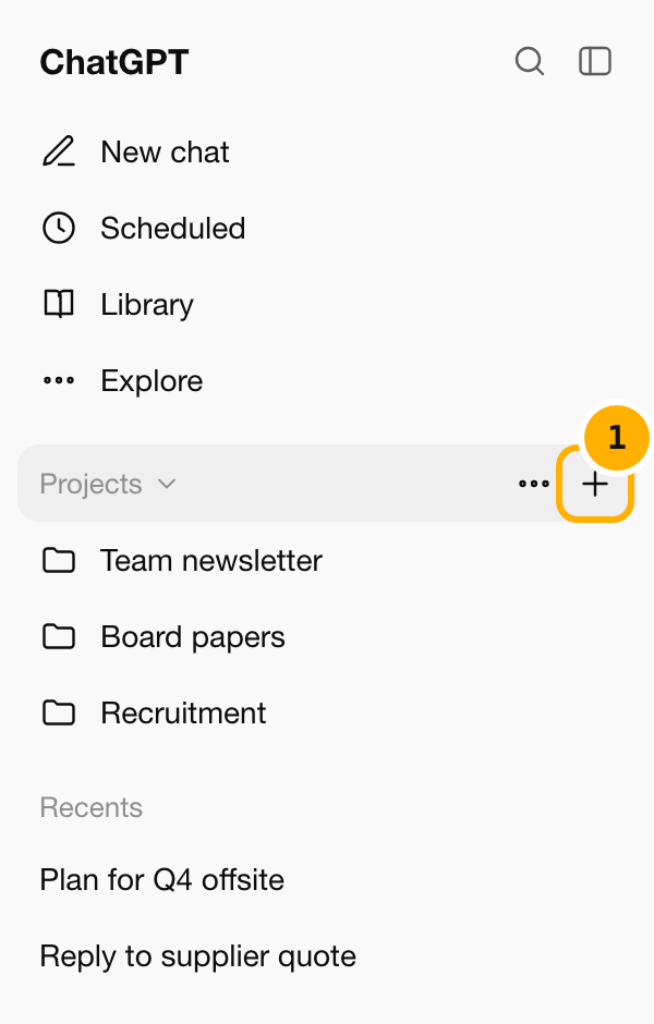 ChatGPT's sidebar with the plus button beside Projects marked 1