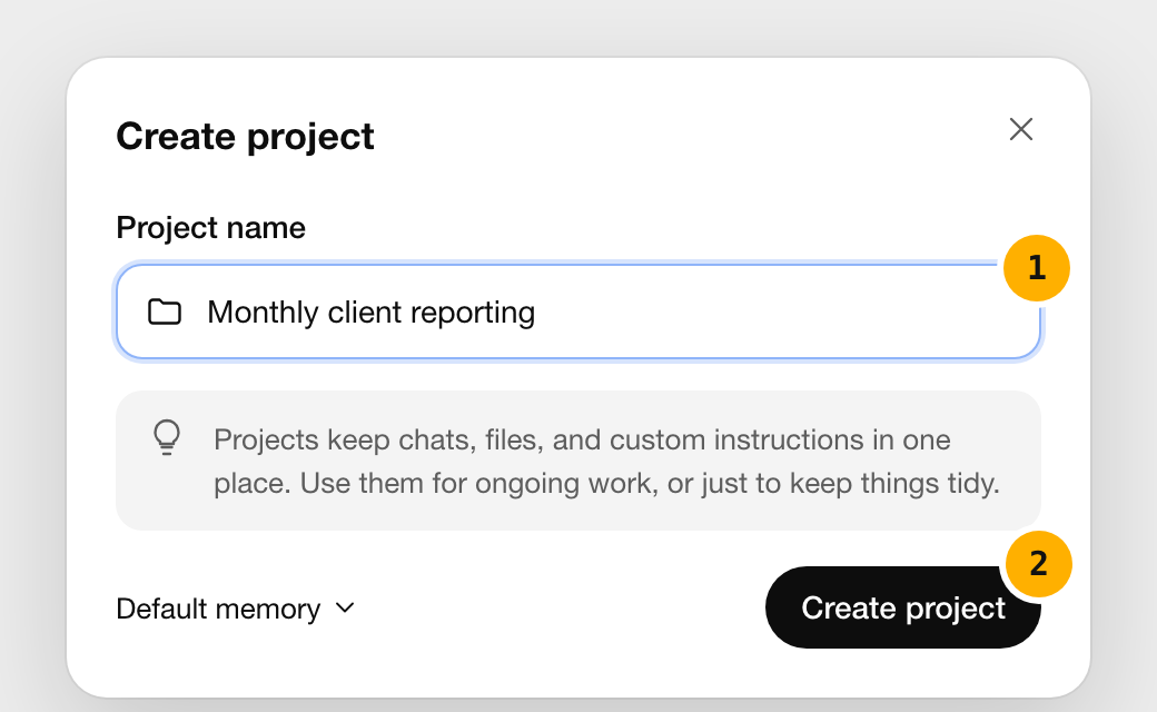 ChatGPT's Create project box with the project name and the Create project button marked 1 and 2