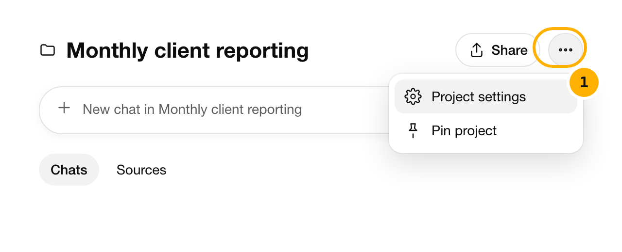 A ChatGPT project page with the menu open and Project settings marked 1