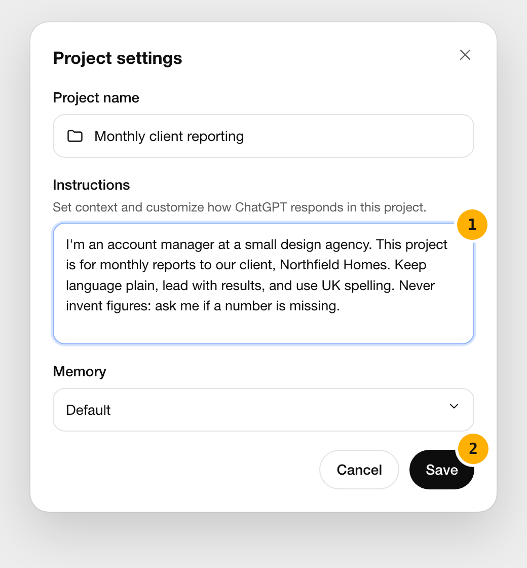 ChatGPT's Project settings with example instructions and the Save button marked 1 and 2