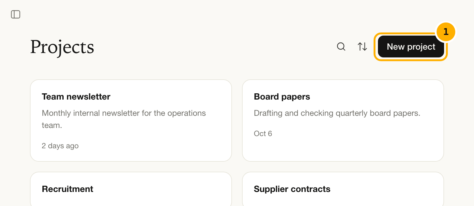 Claude's Projects page with the New project button marked 1