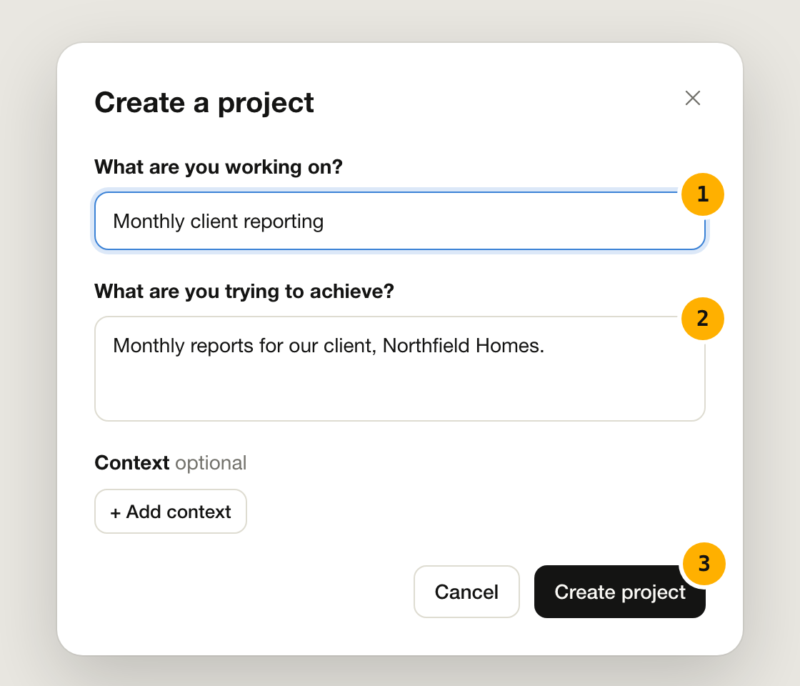 Claude's Create a project form with the name, the description and the Create project button marked 1 to 3