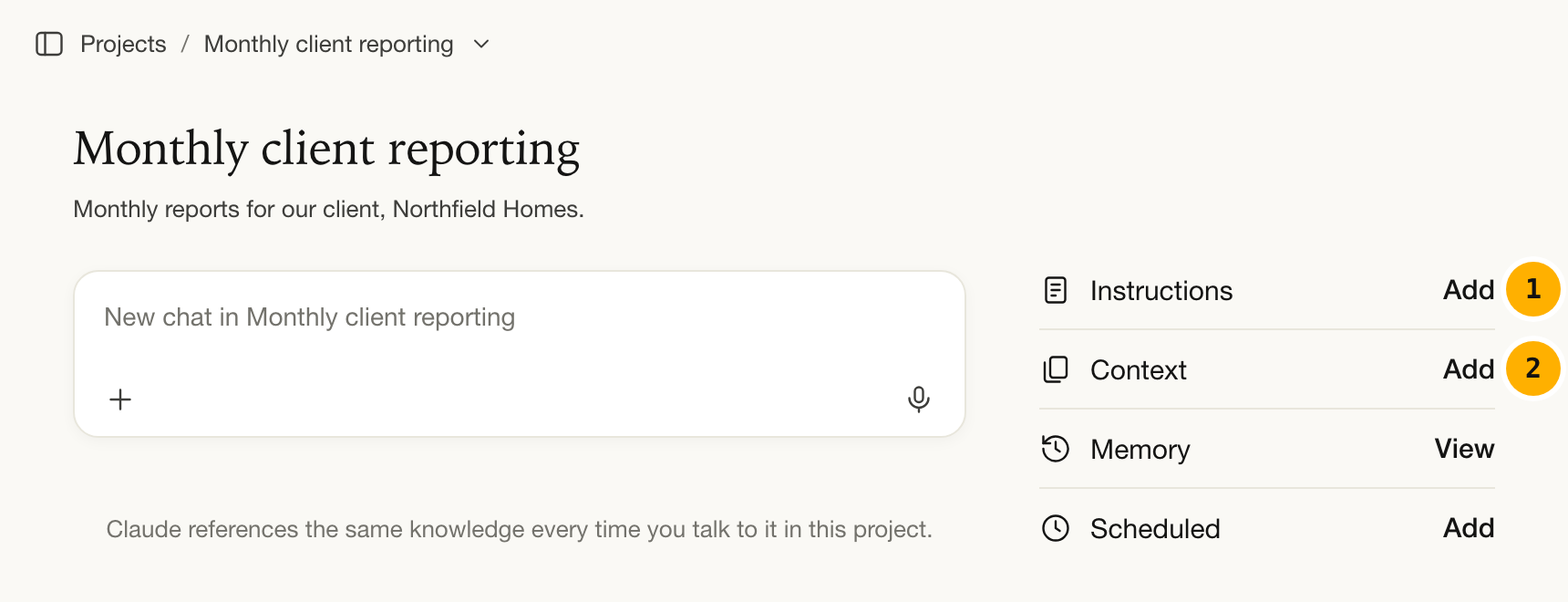 A Claude project page with Instructions marked 1 and Context marked 2