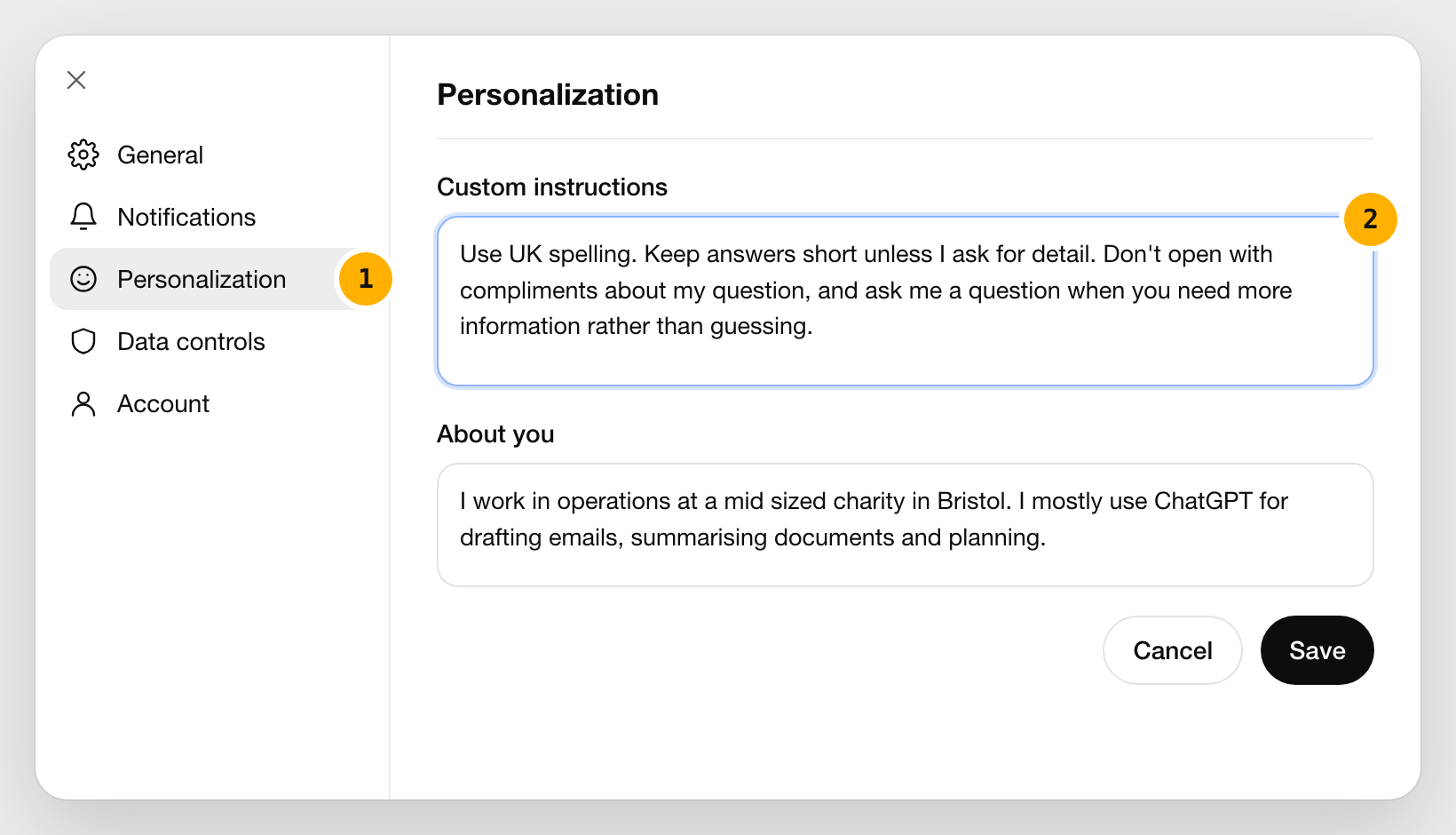 ChatGPT's Personalization settings with Personalization marked 1 and the Custom instructions box marked 2