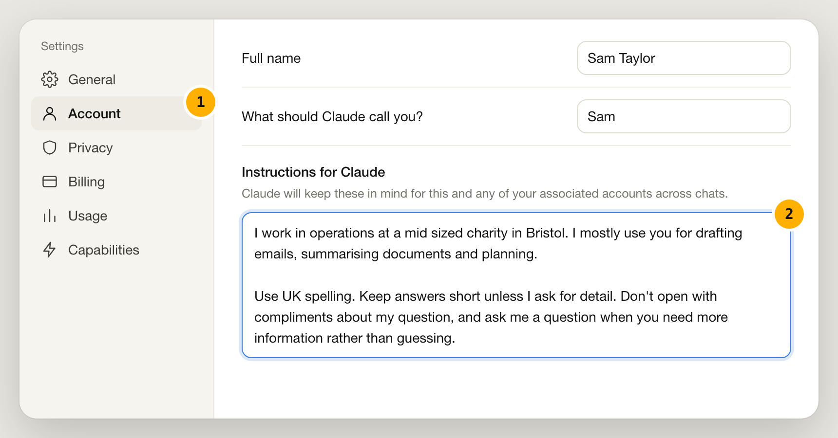 Claude's Account settings with Account marked 1 and the Instructions for Claude box marked 2